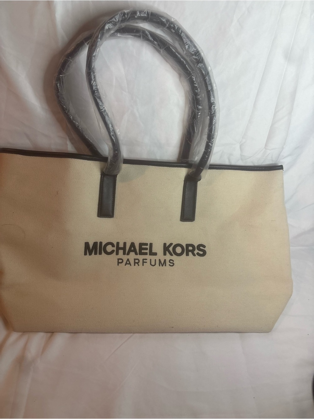 Michael Kors Beige Canvas Tote with Black Trim and Handles